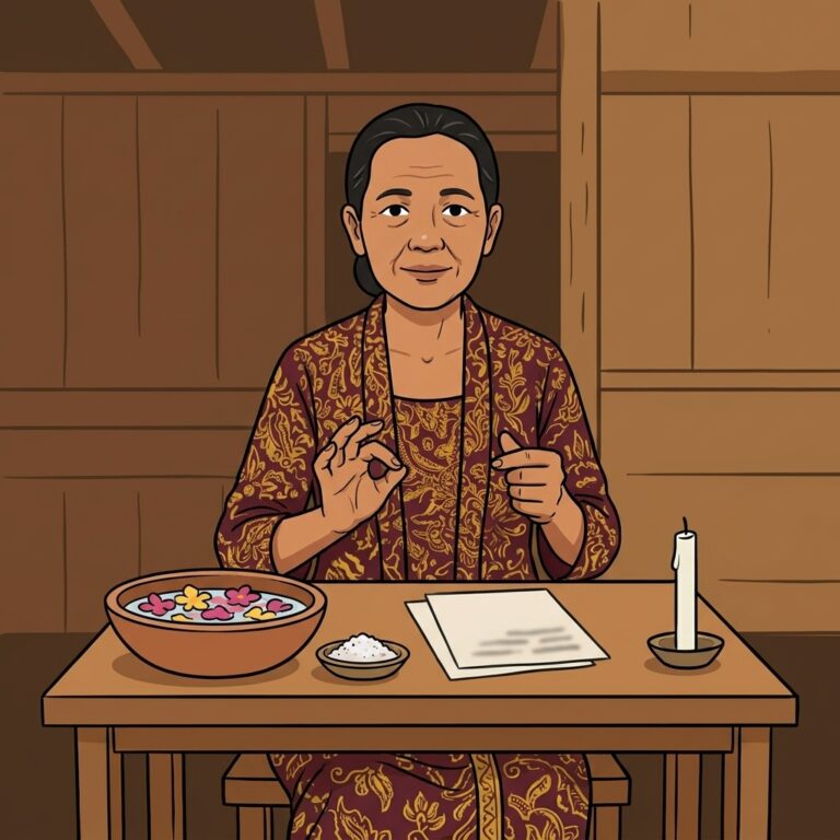 Cartoon illustration of a presenter at a wooden desk explaining a self purification ritual, beside a bowl of flower-petal water, a dish of salt, blank papers and an unlit white candle