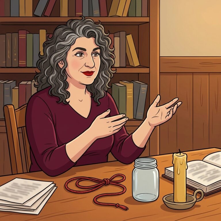 Cartoon illustration of a writer at a desk explaining how to undo a love spell, with a loosely looped red cord, an empty open jar and an unlit candle beside blurred pages