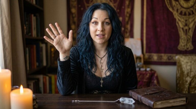 Madame Celestine seated at a wooden desk, one hand raised as she explains pendulum yes or no protection, with a crystal pendulum and a closed leather journal on the desk