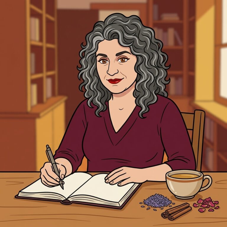 Cartoon illustration of a witch at a wooden desk writing new versions of her tea ritual in a notebook, with lavender, cinnamon and rose petals beside her cup