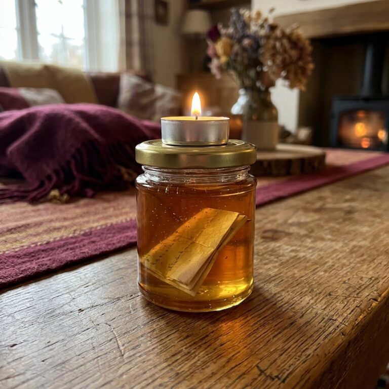 Small honey jar with a folded paper inside and a white tea light on its lid, used as a softening spell alongside a reconciliation candle spell