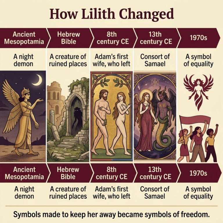 Timeline infographic titled How Lilith Changed, with five stages from Mesopotamian night demon to Isaiah, Ben Sira, Kabbalah and 1970s feminist symbol, tracing Lilith symbolism over time