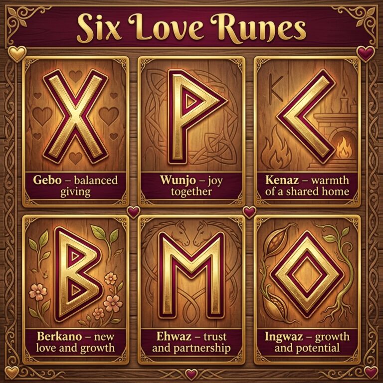 Infographic of six love runes in a two-by-three grid, showing Gebo, Wunjo, Kenaz, Berkano, Ehwaz and Ingwaz, each with its symbol and a one-line love meaning