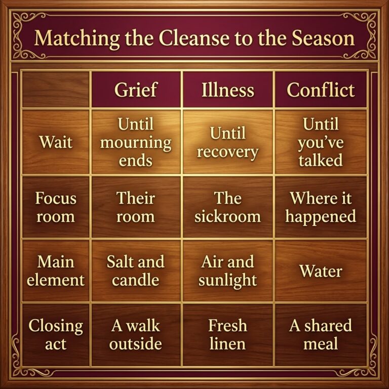 Comparison chart titled Matching the Cleanse to the Season, with three columns for grief, illness and conflict and four rows for when to wait, focus room, main element and closing act