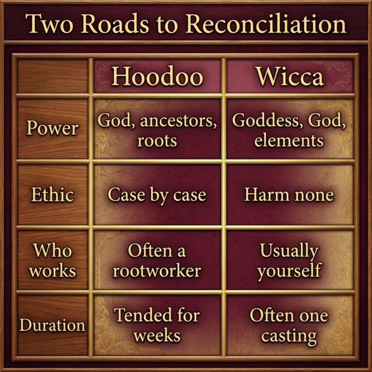 Comparison chart titled Two Roads to Reconciliation, with columns for hoodoo and Wicca and four rows covering where power comes from, the ethic, who does the work and how long the work lasts