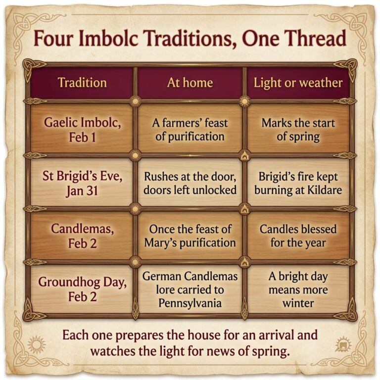 Comparison chart of four Imbolc traditions, Gaelic Imbolc, St Brigid's Eve, Candlemas and Groundhog Day, showing what each does at home and how each reads the light