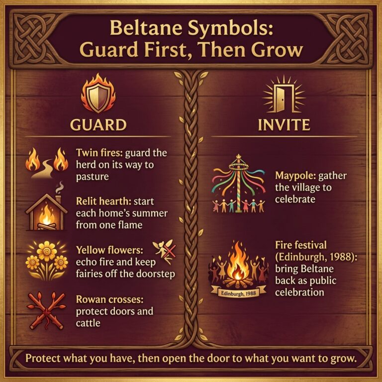 Infographic titled Beltane Symbols: Guard First, Then Grow, laid out in two columns, Guard and Invite, with twin fires, relit hearth, yellow flowers and rowan crosses under Guard, and maypole and fire festival under Invite