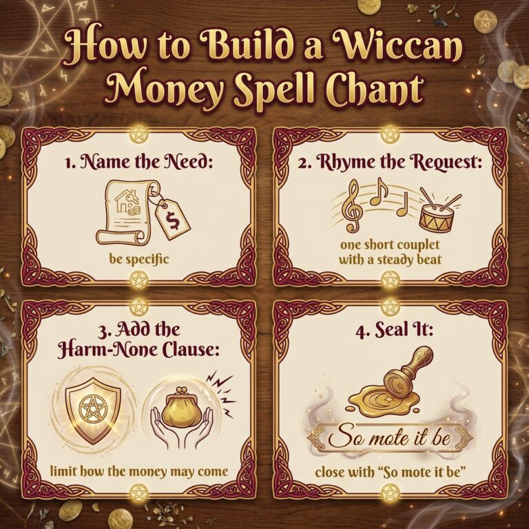 Four-part infographic showing how to build a Wiccan money spell chant: name the need, rhyme the request, add a harm-none clause, and seal the spell