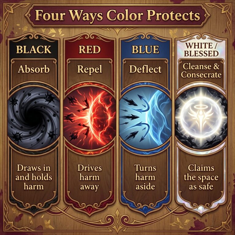 Four-part infographic sorting protection colors by what each is meant to do: black absorbs, red repels, blue deflects, and white or blessed candles cleanse and consecrate