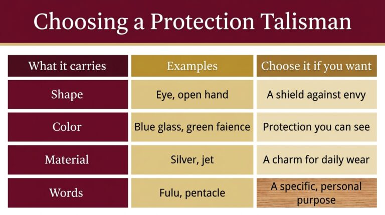 Infographic of a four-part guide to choosing a protection talisman by shape, color, material and words, with eye and hand charms, blue glass, silver and inscribed talismans as examples