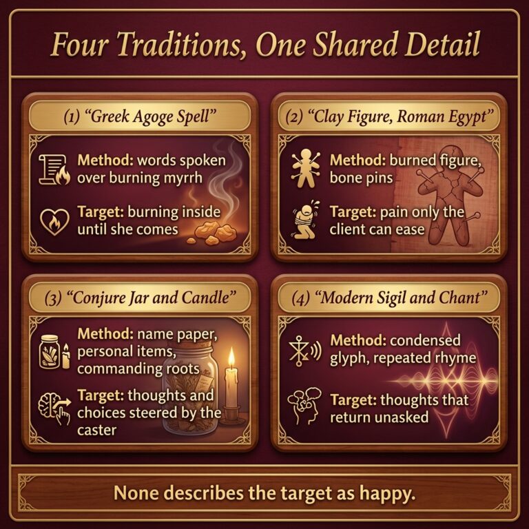Four-panel infographic comparing obsession spell traditions, from the Greek agoge charm and the burned clay figure of Roman Egypt to the conjure jar and the modern sigil, each showing what the target goes through