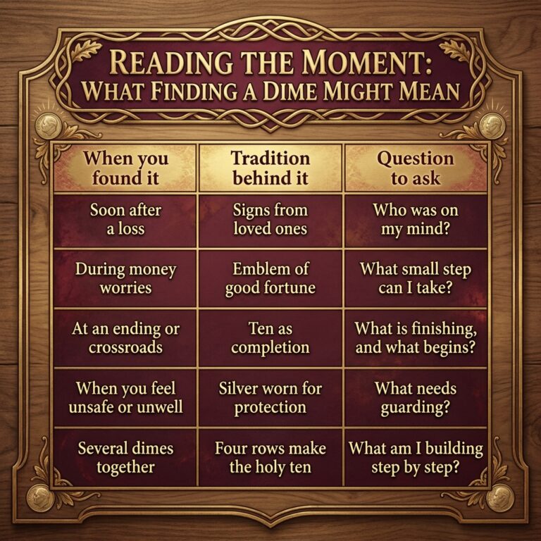 Five-row infographic on finding a dime, matching the moment you found it to the tradition behind it and a question to ask, from a recent loss to several dimes together