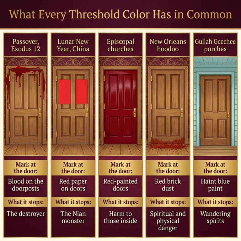 Five-panel infographic on red door meaning and other threshold colors, showing the mark each tradition places at the door and what it was believed to stop