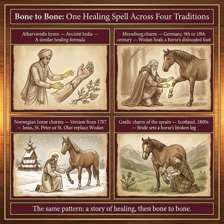 Four-panel infographic titled Bone to Bone: One Healing Spell Across Four Traditions, tracing the joining charm from the Atharvaveda to the Merseburg horse charm, Norwegian horse charms and the Gaelic charm of the sprain