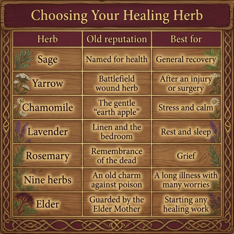 Infographic table titled Choosing Your Healing Herb, matching seven herbs from sage to elder with their old reputation and the healing need each suits