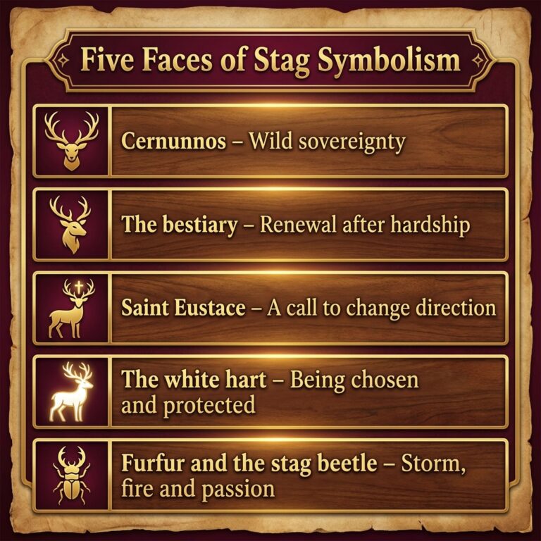 Infographic titled Five Faces of the Stag, linking each tradition from Cernunnos to the stag beetle with the meaning it gives the stag