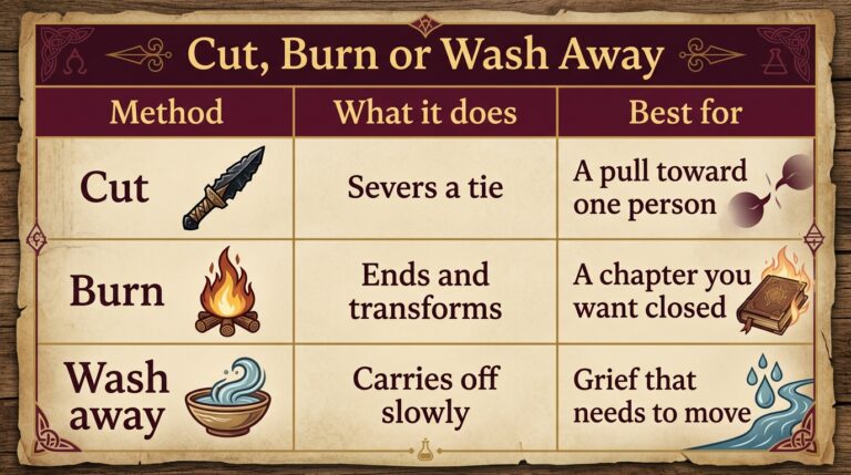 Infographic comparing three release methods for a letting go spell: cut severs a tie, burn ends and transforms, and wash away carries grief off slowly