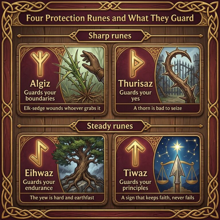 Infographic of four protection runes, Algiz, Thurisaz, Eihwaz and Tiwaz, each with its rune shape, what it guards and a line from the Old English Rune Poem