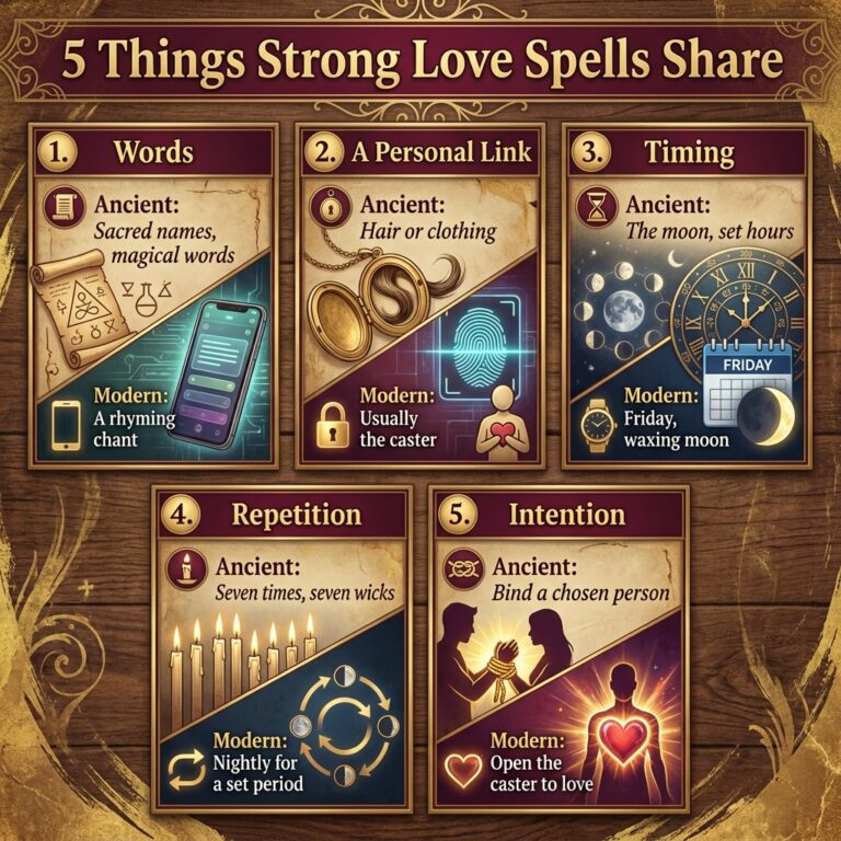 Infographic titled 5 Things Strong Love Spells Share: five numbered panels for words, a personal link, timing, repetition and intention, each comparing an ancient and a modern approach to powerful love spells