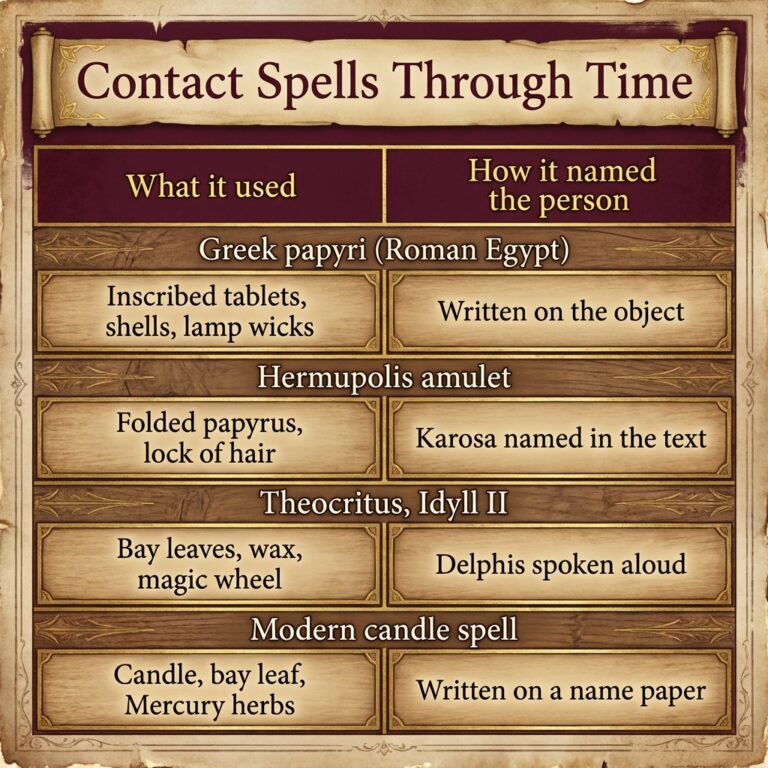 Infographic table titled Contact Spells Through Time comparing four sources, Greek papyri, the Hermupolis amulet, Theocritus Idyll II and the modern candle spell, by what each used and how it named the person