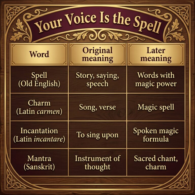 Infographic table titled Your Voice Is the Spell, showing four words, spell, charm, incantation and mantra, each with its original meaning and later magical meaning