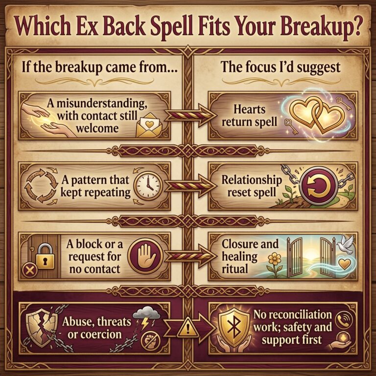 Infographic decision guide titled Which Ex Back Spell Fits Your Breakup, matching four breakup causes to a hearts return spell, a relationship reset spell, a closure ritual, or safety first
