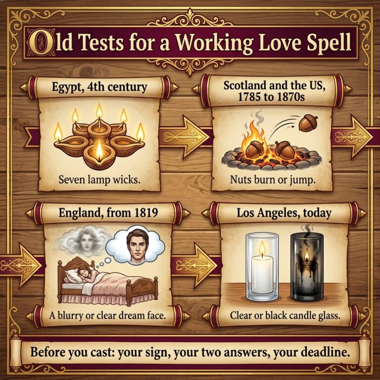 Infographic titled Old Tests for a Working Love Spell, a timeline of four signs a love spell is working, from seven lamp wicks in ancient Egypt to a clear candle jar in Los Angeles today