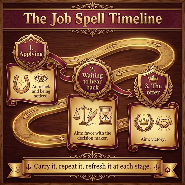 Infographic titled The Job Spell Timeline, matching a job spell to three stages of the job hunt: applying, waiting to hear back and the offer, each with its charm and aim