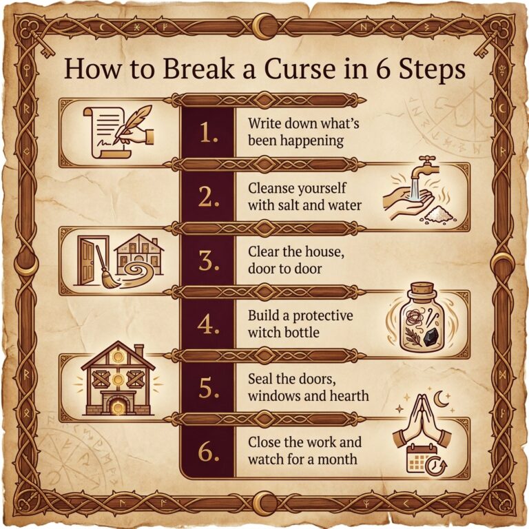 Six-step infographic on how to break a curse, from writing down what has happened and a salt cleanse to clearing the house, a witch bottle, sealing doors and watching for a month