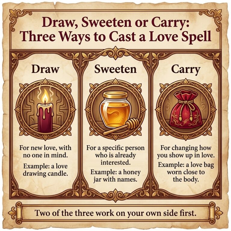 Decision infographic comparing three ways to cast a love spell: draw for new love with no one in mind, sweeten for a specific person already interested, and carry for changing how you show up in love
