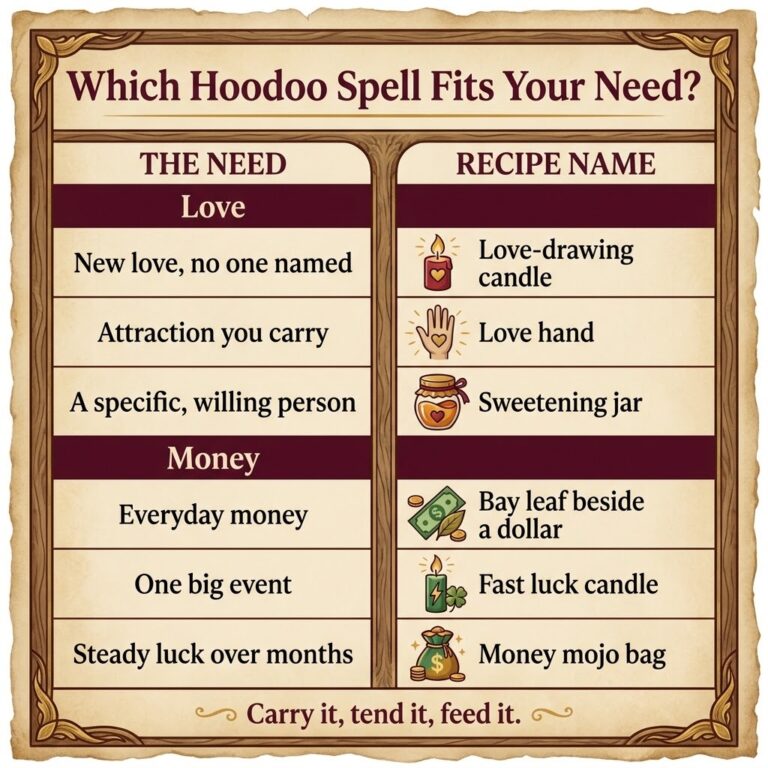 Infographic matching hoodoo spells to needs: a love-drawing candle for new love, a love hand for carried attraction, a sweetening jar for a specific person, and a bay leaf, fast luck candle or money mojo for money