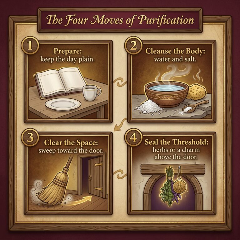 Four-step infographic titled The Four Moves of Purification: Prepare by keeping the day plain, Cleanse the Body with water and salt, Clear the Space by sweeping toward the door, and Seal the Threshold with herbs or a charm above the door