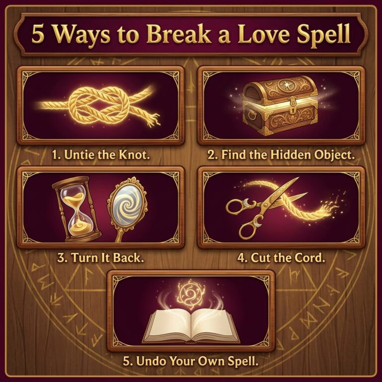 Five-step infographic titled 5 Ways to Break a Love Spell: Untie the Knot, Find the Hidden Object, Turn It Back, Cut the Cord, and Undo Your Own Spell