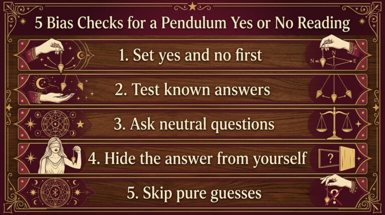 Five-row infographic titled 5 Bias Checks for a Pendulum Yes or No Reading, listing set yes and no first, test known answers, ask neutral questions, hide the answer from yourself and skip pure guesses