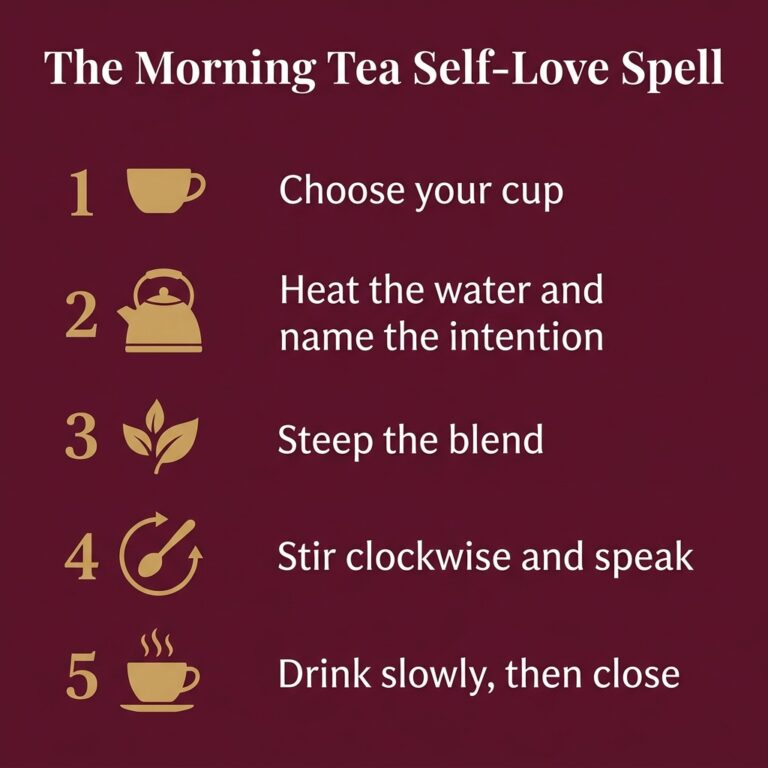 Five-step infographic of the morning tea self-love spell: choose your cup, name the intention, steep the blend, stir clockwise and speak, then drink slowly and close