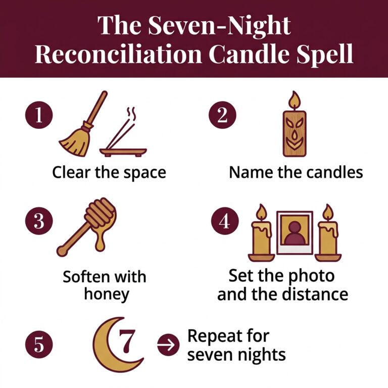 Five-step infographic for a seven-night reconciliation candle spell: clear the space, name the candles, soften with honey, set the photo and the distance, then repeat for seven nights as the candles move closer