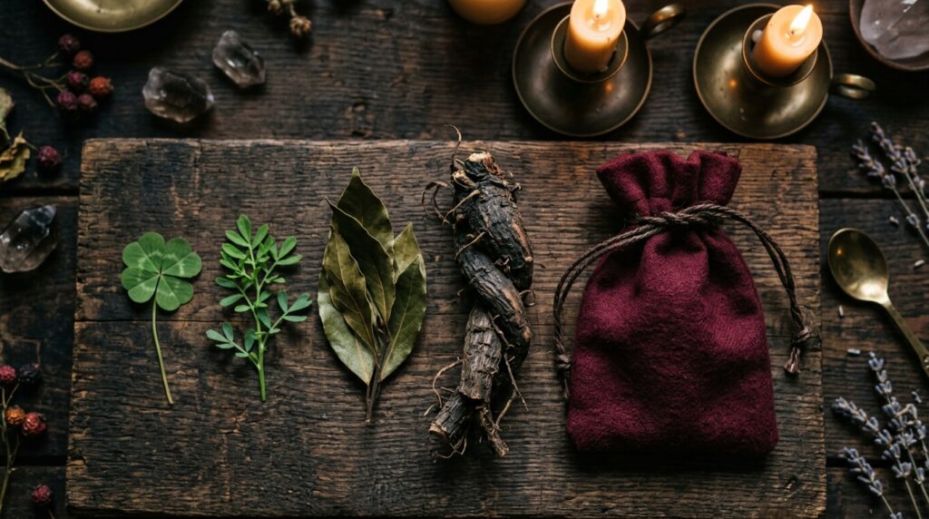 Herbs for luck from three folk traditions on dark wood: a four-leaf clover, a sprig of rue, dried bay leaves and a gnarled root beside a burgundy drawstring pouch