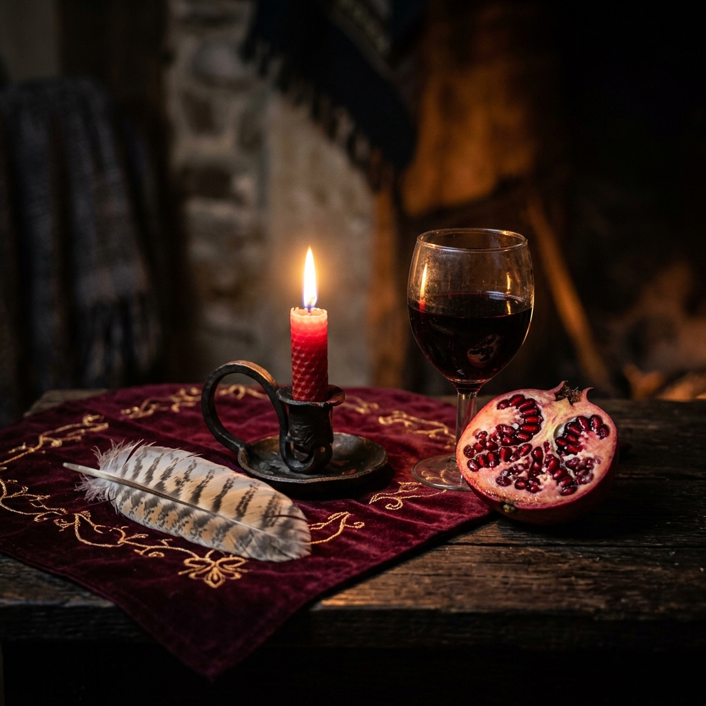 A night altar with a red candle, a halved pomegranate, a glass of red wine and an owl feather, arranged around the core of Lilith symbolism