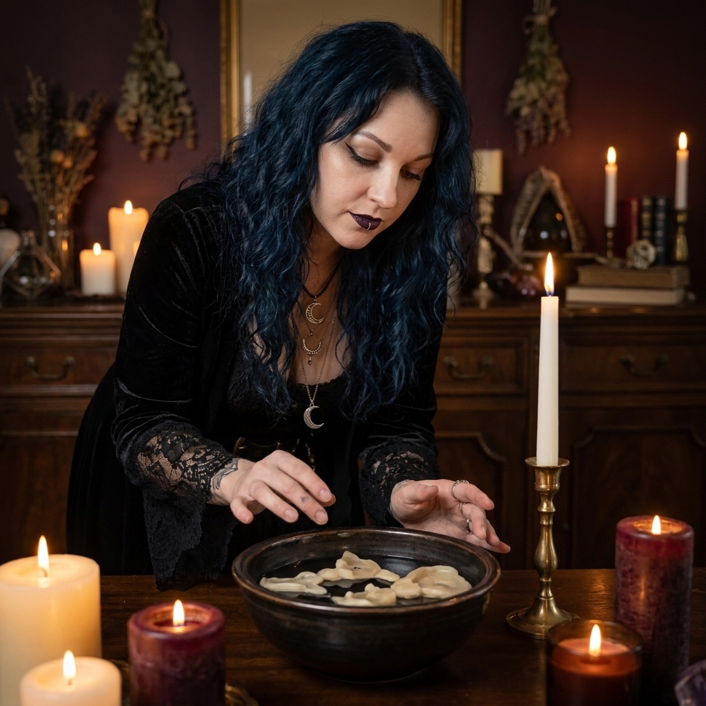 Candle wax reading at a candlelit table: a woman studies hardened wax shapes floating in a dark bowl of cold water beside a lit white taper