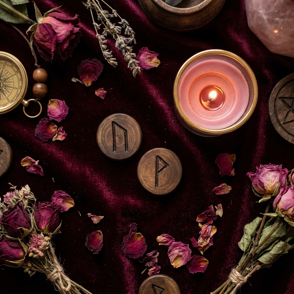 Love runes carved into round wooden discs, Wunjo among them, on burgundy velvet beside a lit pink candle and dried rose petals