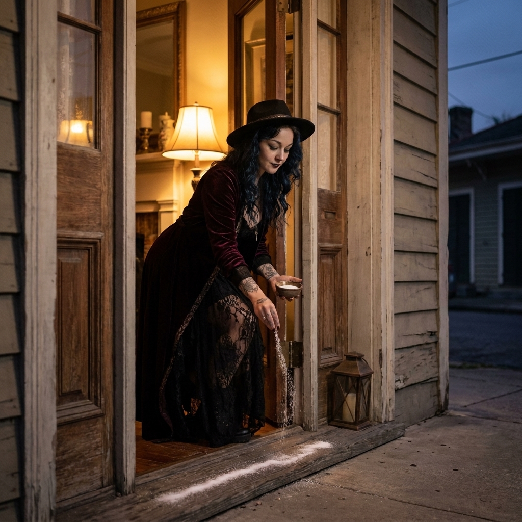 Madame Celestine sprinkling a thin line of salt across an open front doorway at dusk, the closing step of a house cleansing after death