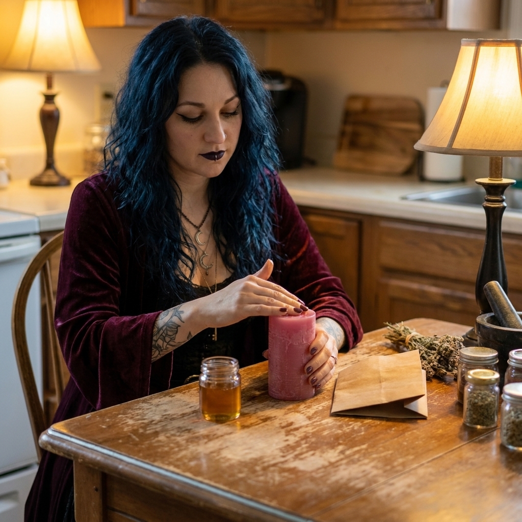Madame Celestine holding a pink pillar candle at a kitchen table beside a small honey jar, a folded paper and dried herbs, preparing hoodoo reconciliation work