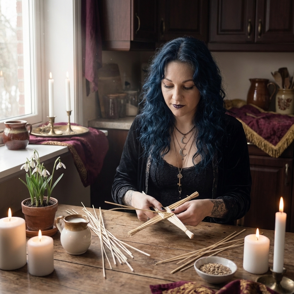 Imbolc traditions at a kitchen table: Madame Celestine weaves a Brigid's cross from pale rushes beside lit white candles, a milk jug and potted snowdrops
