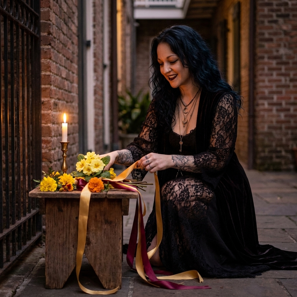 Madame Celestine at a candlelit courtyard altar at dusk, arranging yellow May flowers and ribbons, two classic Beltane symbols, beside a small flame