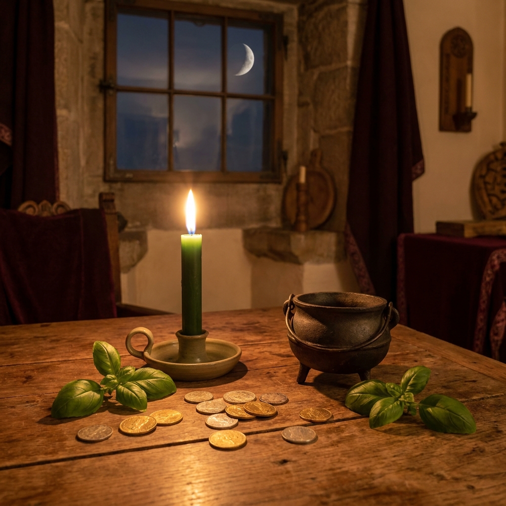 Candlelit wooden altar set for a Wiccan money spell, with a green candle, scattered coins, basil and a small cauldron under a waxing moon in the window