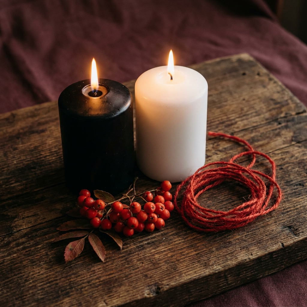 Lit black and white candles side by side, a classic protection candle color pairing, on a weathered wooden board beside red rowan berries and a coil of red thread