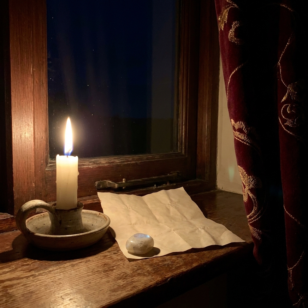 Lit white candle beside an unfolded sheet of paper and a moonstone on a windowsill against a dark night sky, set up for new moon rituals