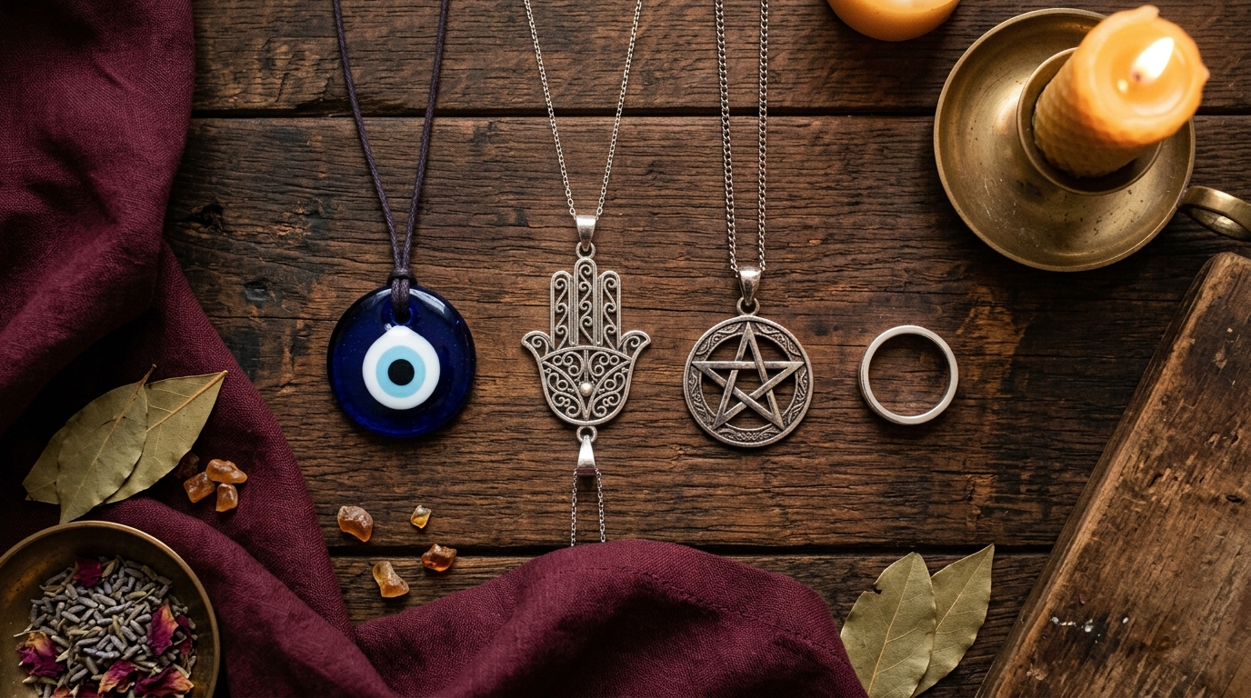 Protection talisman jewelry on dark wood: a blue glass nazar, a silver hamsa pendant with fingers pointing up, a silver pentacle pendant and a plain silver ring beside burgundy cloth
