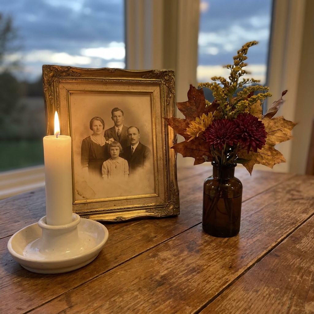 A white candle glowing beside an old framed family photo and a vase of autumn flowers on a wooden table at dusk, the kind of quiet altar many light when the veil is thin