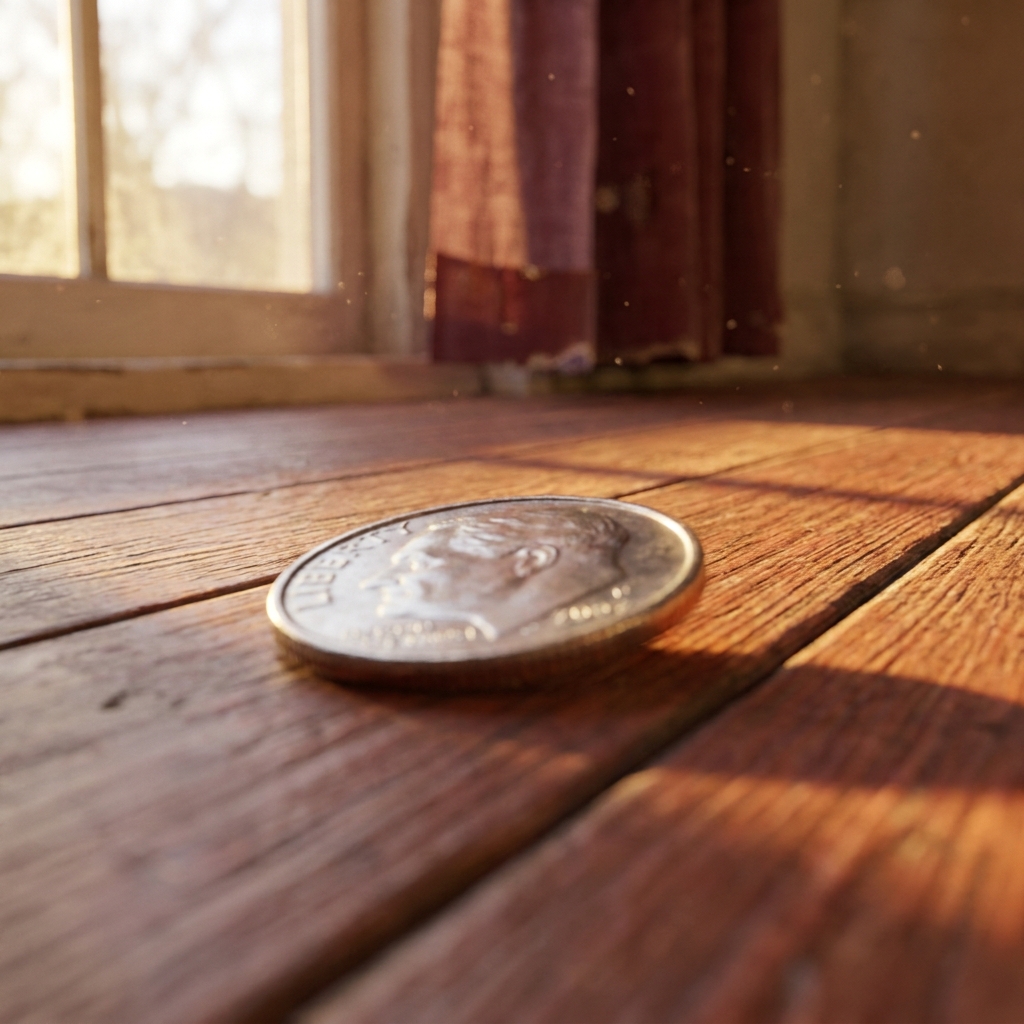 A shiny dime resting on a sunlit wooden floor beside a window, the everyday scene of finding a dime that many read as a sign from a loved one